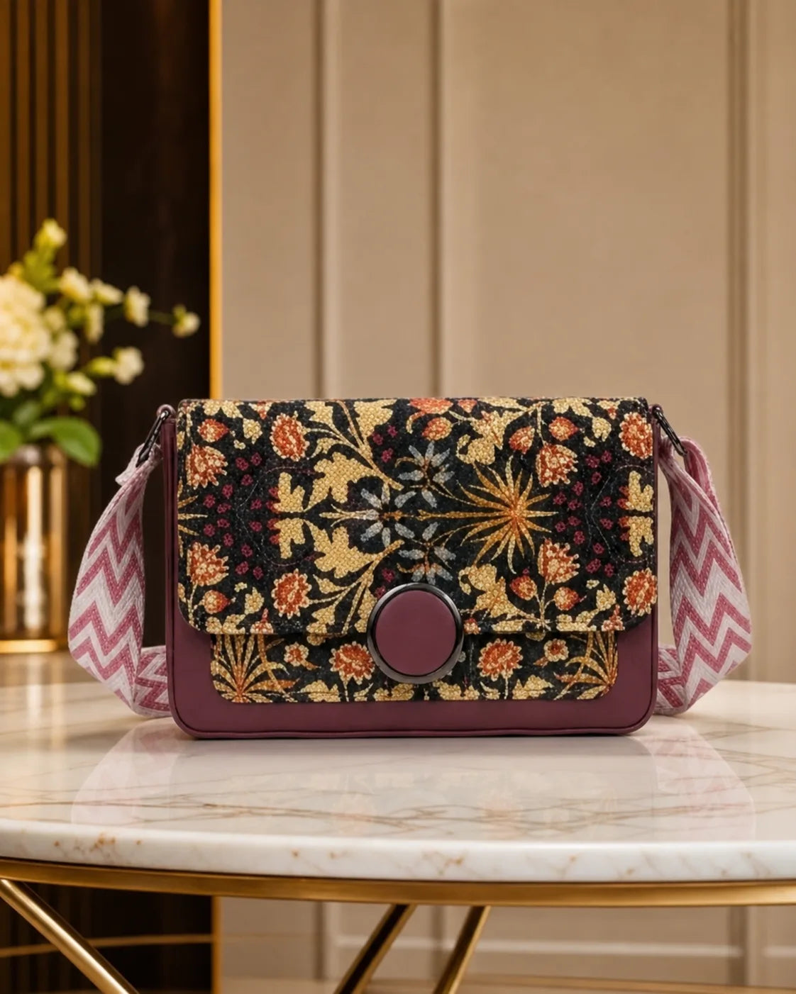 Floral Jacquard Canvas Sling Bag - Pink