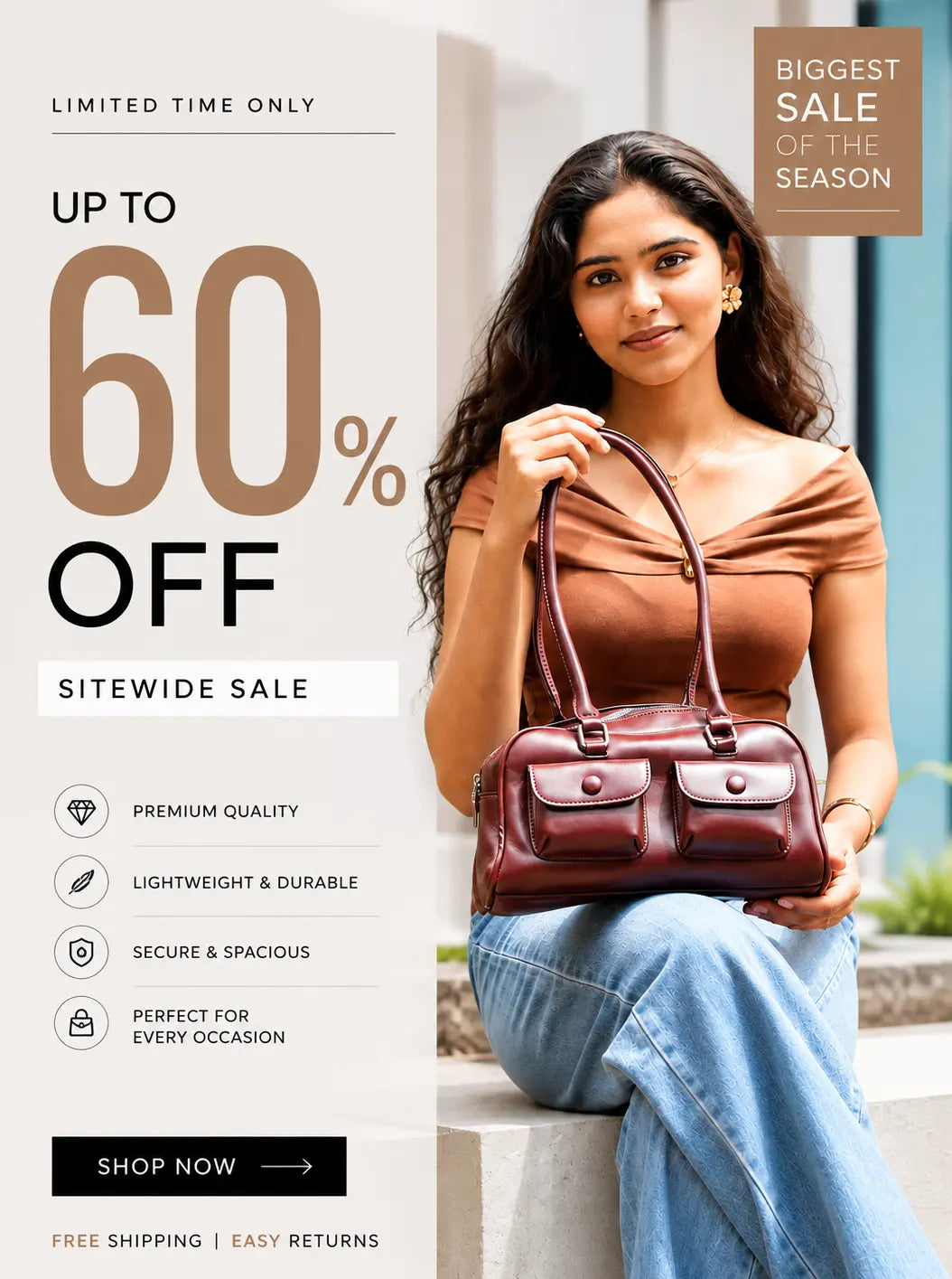 A promotional advertisement featuring a woman sitting on a stone ledge holding a burgundy leather handbag. The left side of the ad contains large text advertising a '60% OFF' sitewide sale with icons highlighting product qualities.