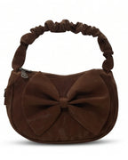 Brown handbag with a large bow on a white background