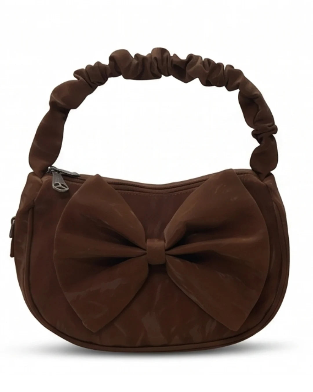 Brown handbag with a large bow on a white background
