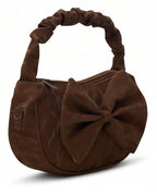 Brown handbag with a large bow on a white background