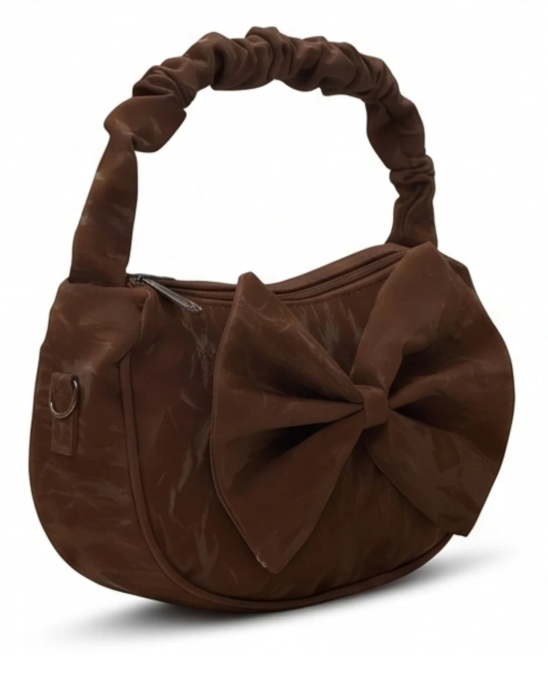 Brown handbag with a large bow on a white background