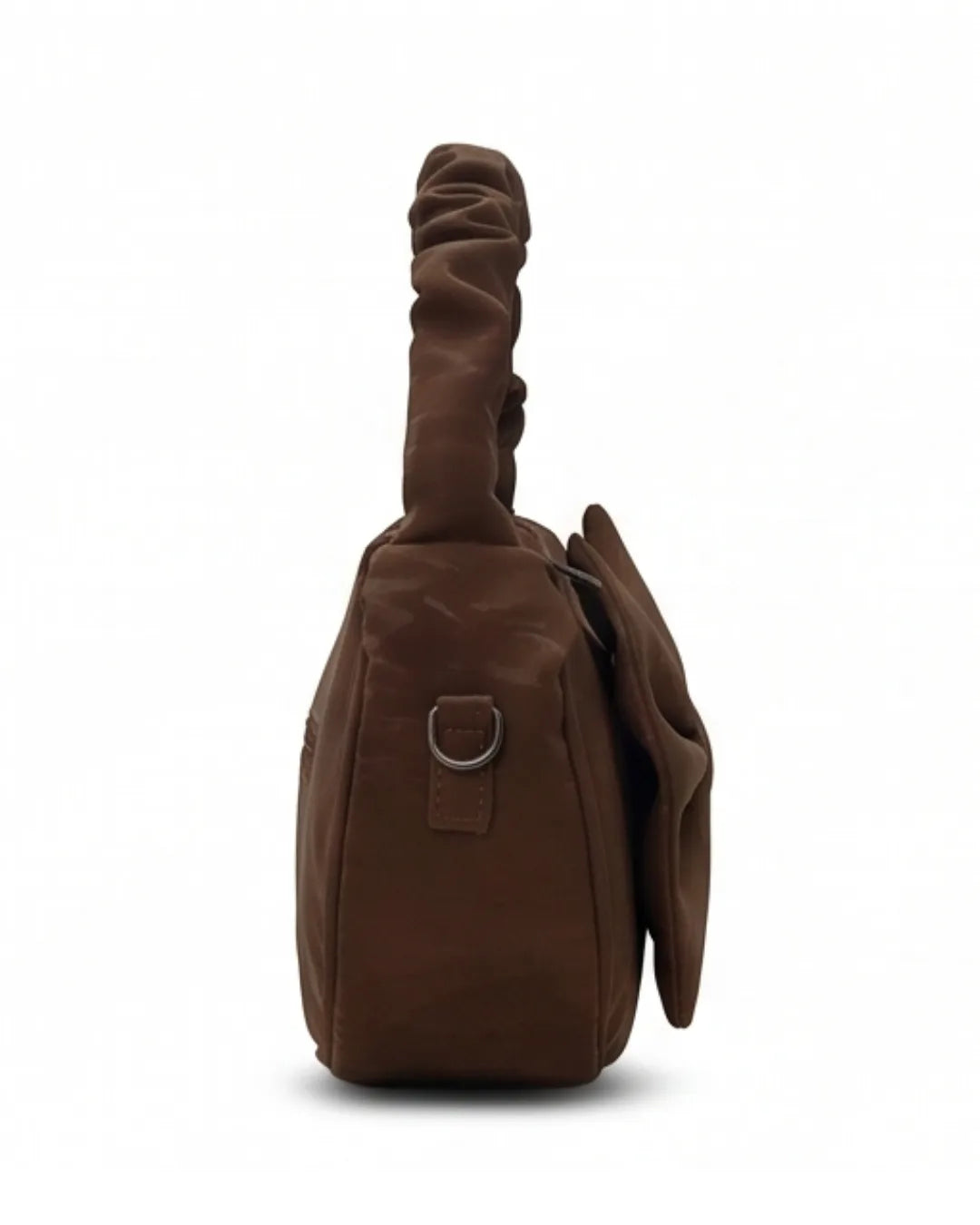 Brown leather shoulder bag on a white background