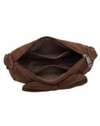 Brown leather bag with a zipper on a white background