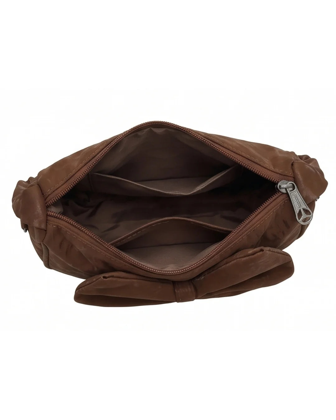 Brown leather bag with a zipper on a white background