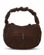Brown handbag with a visible zipper on a white background