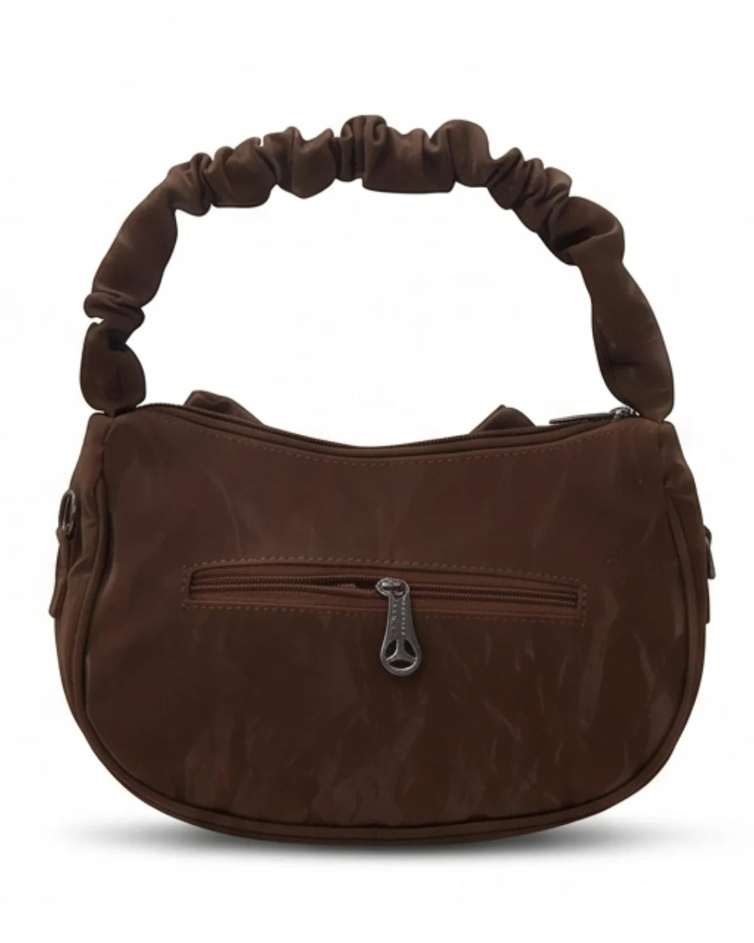 Brown handbag with a visible zipper on a white background
