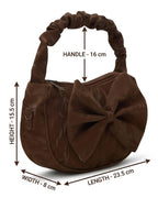 Brown handbag with a large bow, shown with measurements on a white background