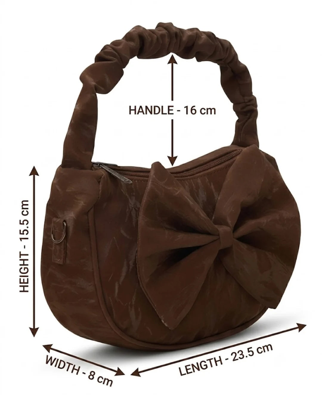 Brown handbag with a large bow, shown with measurements on a white background