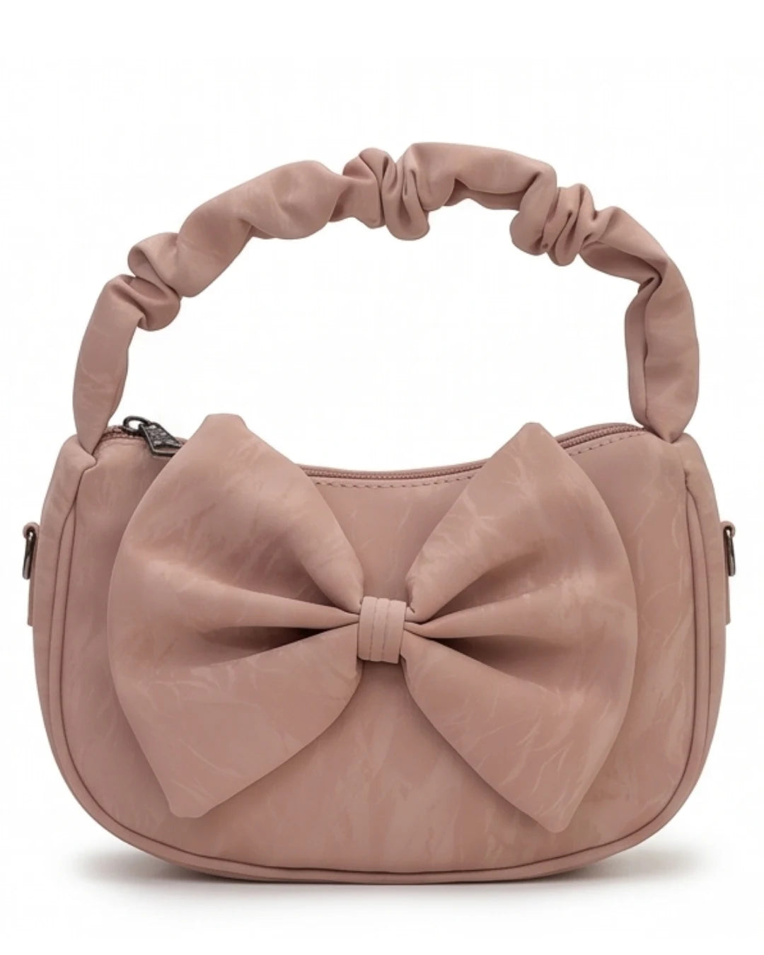 Pink handbag with a large bow and knotted handle on a white background