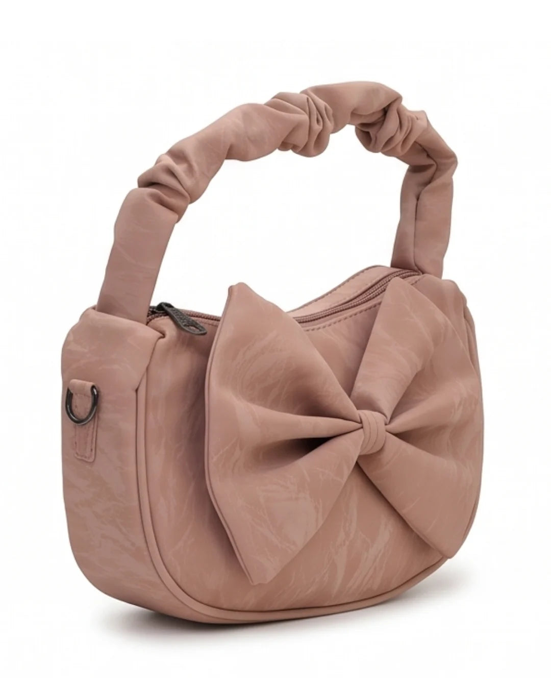 Pink handbag with a large bow on a white background