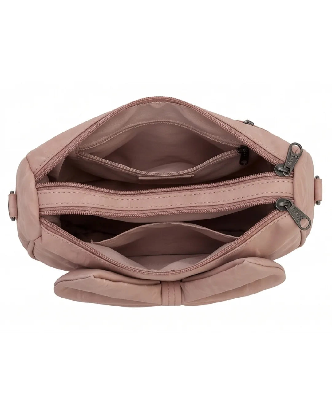 Pink handbag with multiple zippers on a white background