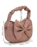 Pink handbag with a bow detail and measurements on a white background