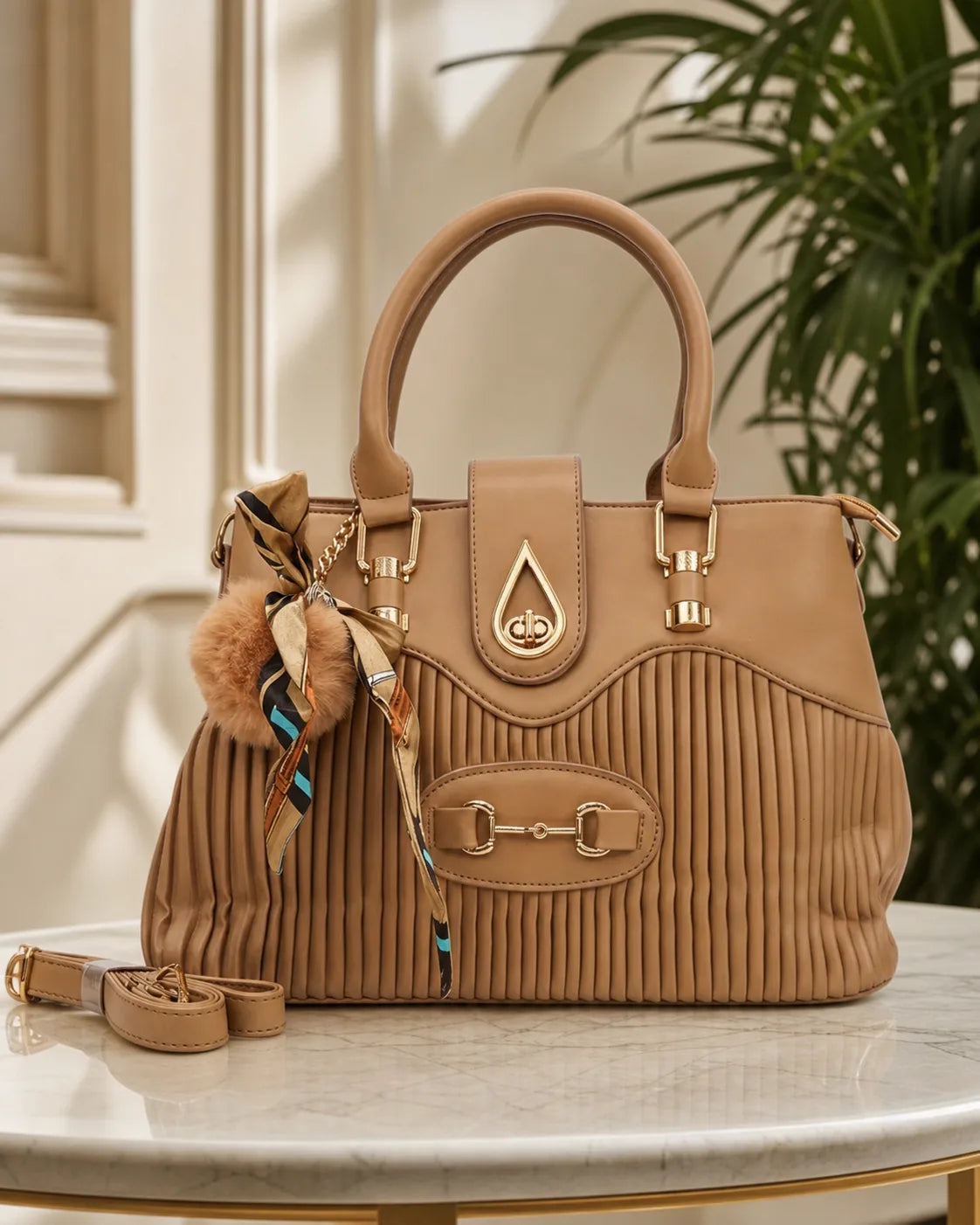 Pleated Charm Satchel Bag