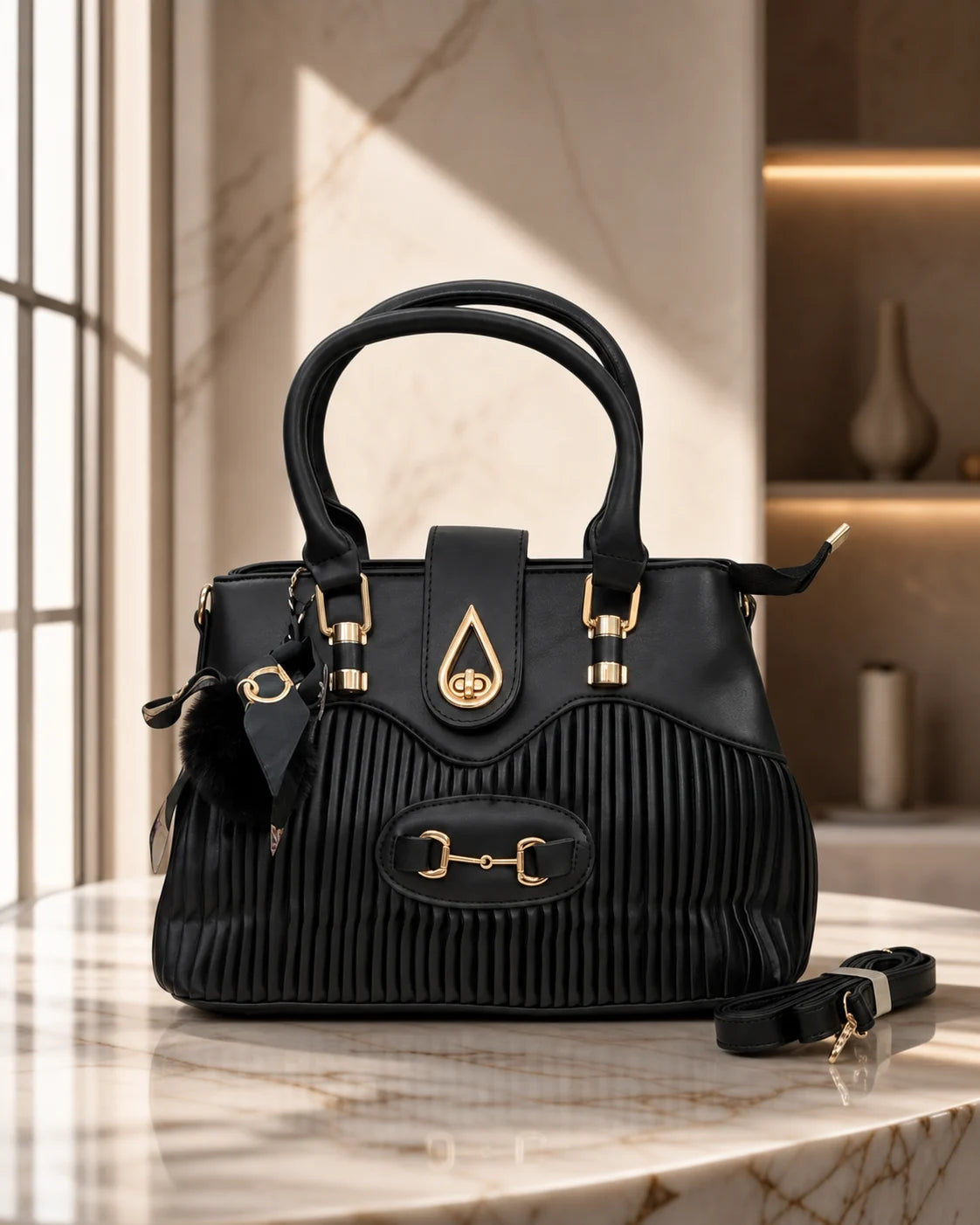 Pleated Charm Satchel Bag - Black