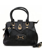 Black handbag with gold accents on a white background