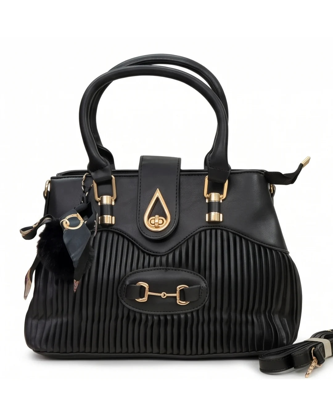 Black handbag with gold accents on a white background