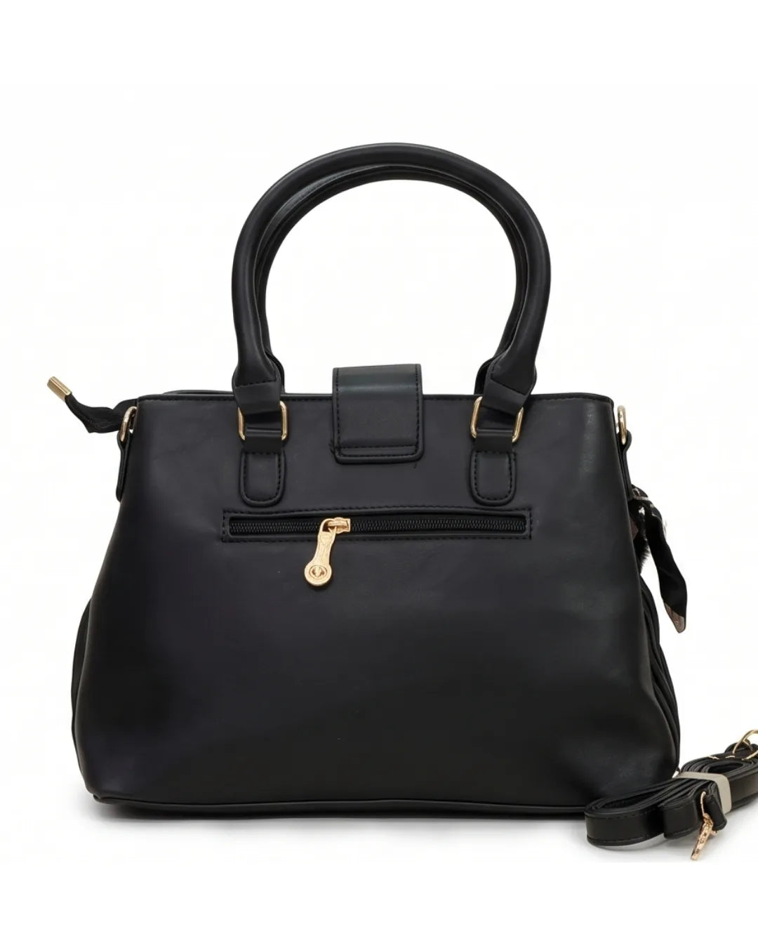 Black handbag with gold accents on a white background