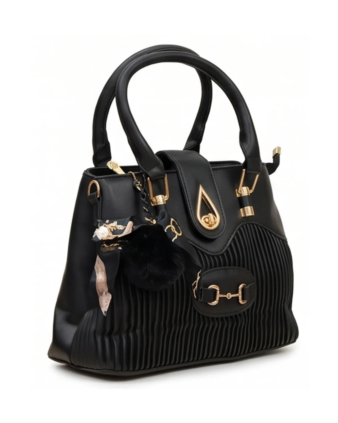 Black handbag with gold accents on a white background