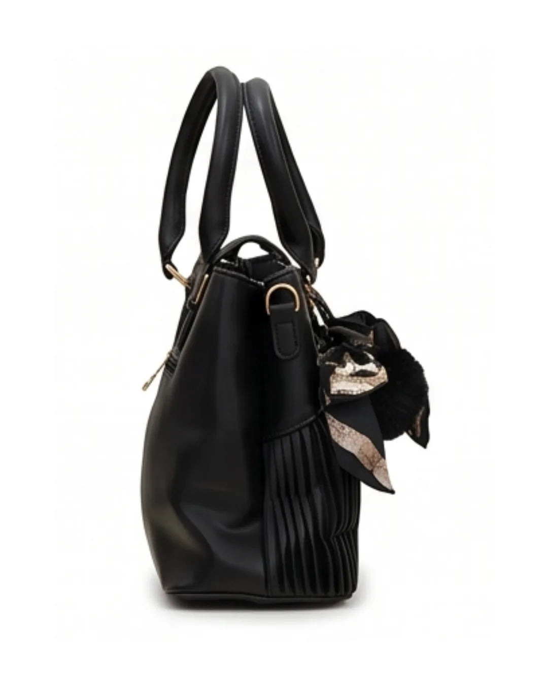 Black leather handbag with a gold clasp on a white background