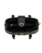 Black handbag with gold accents on a white background