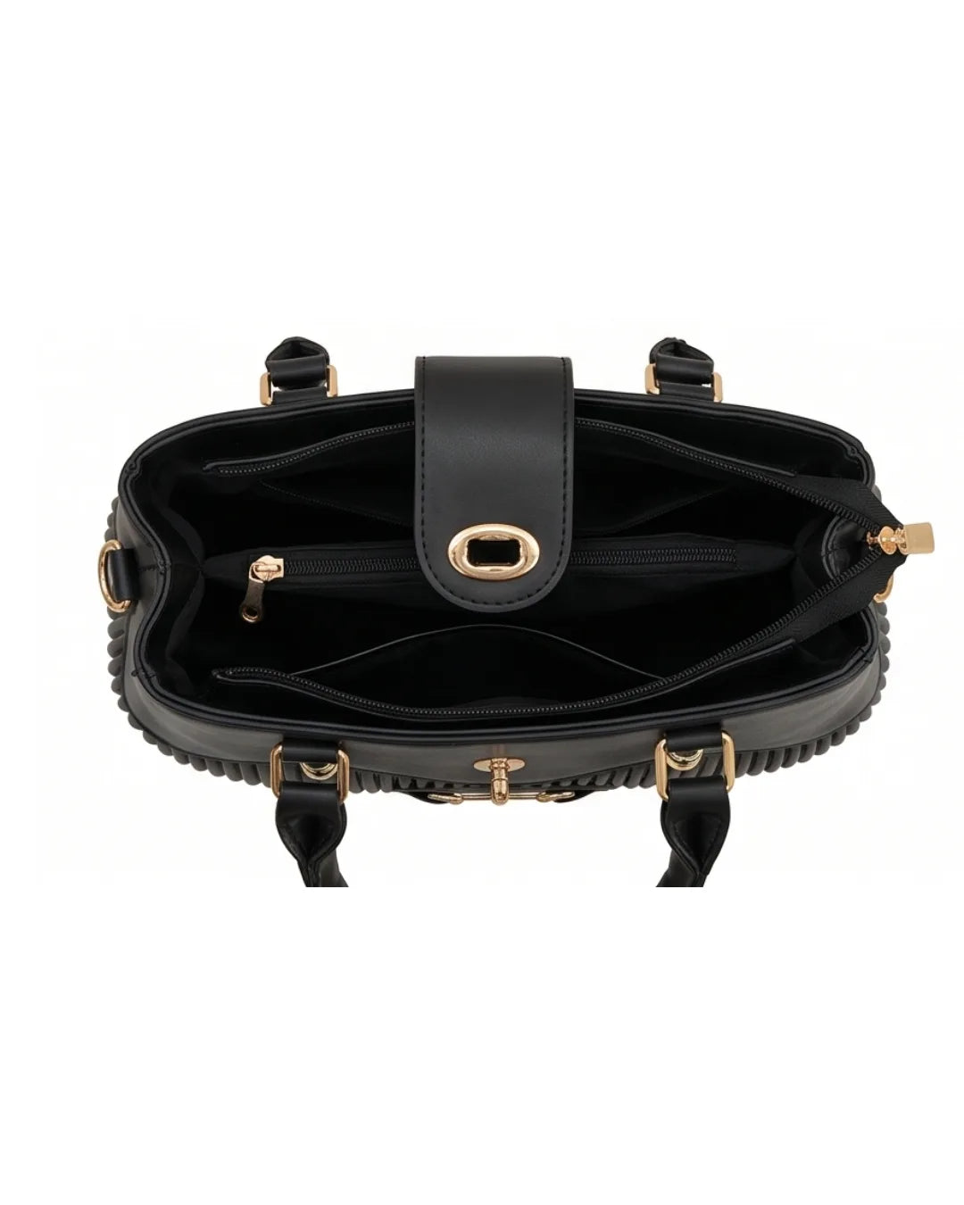 Black handbag with gold accents on a white background