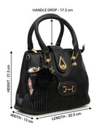 Black handbag with gold accents and measurements on a white background