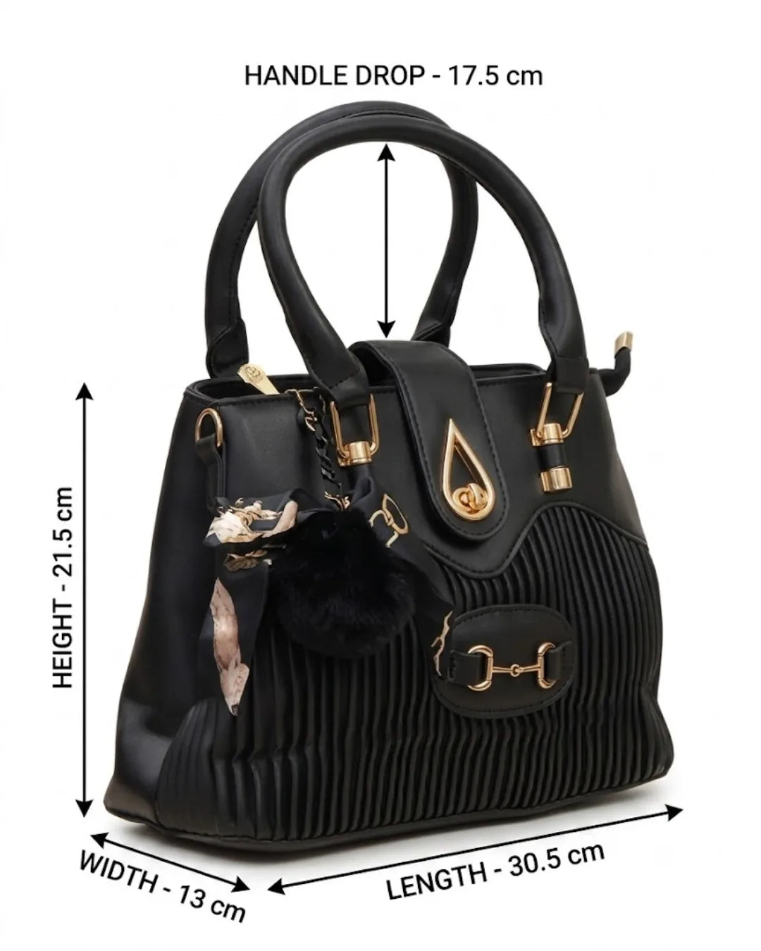 Black handbag with gold accents and measurements on a white background