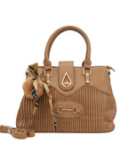 Brown handbag with decorative elements on a white background