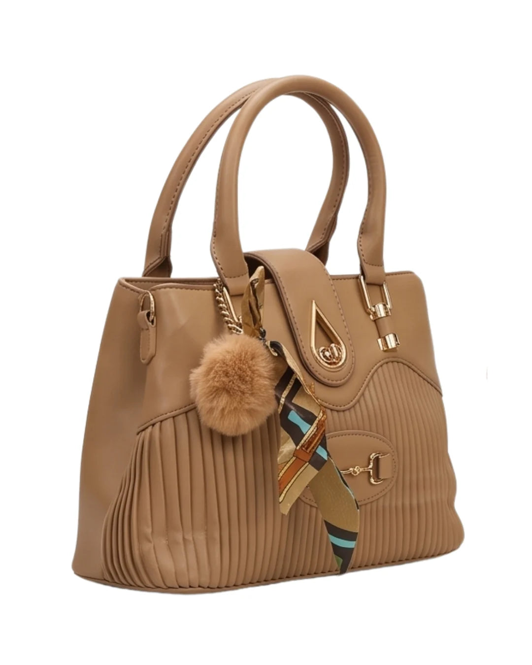 Brown handbag with a fur pom-pom and decorative strap on a white background