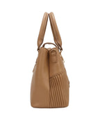 Brown leather handbag with fringes on a white background