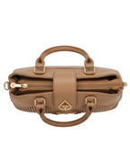 Brown handbag with gold accents on a white background