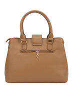 Brown handbag with a gold zipper on a white background