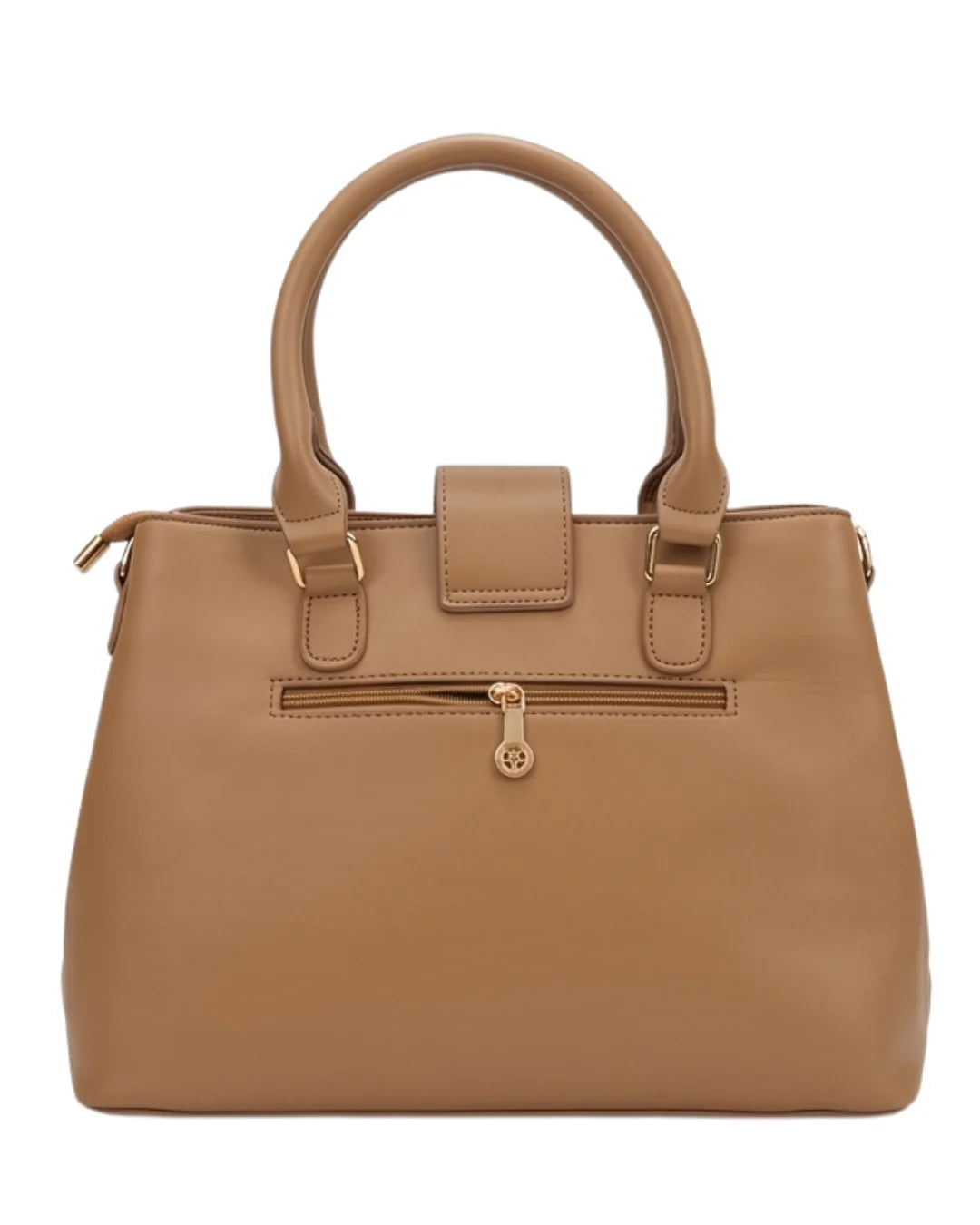Brown handbag with a gold zipper on a white background