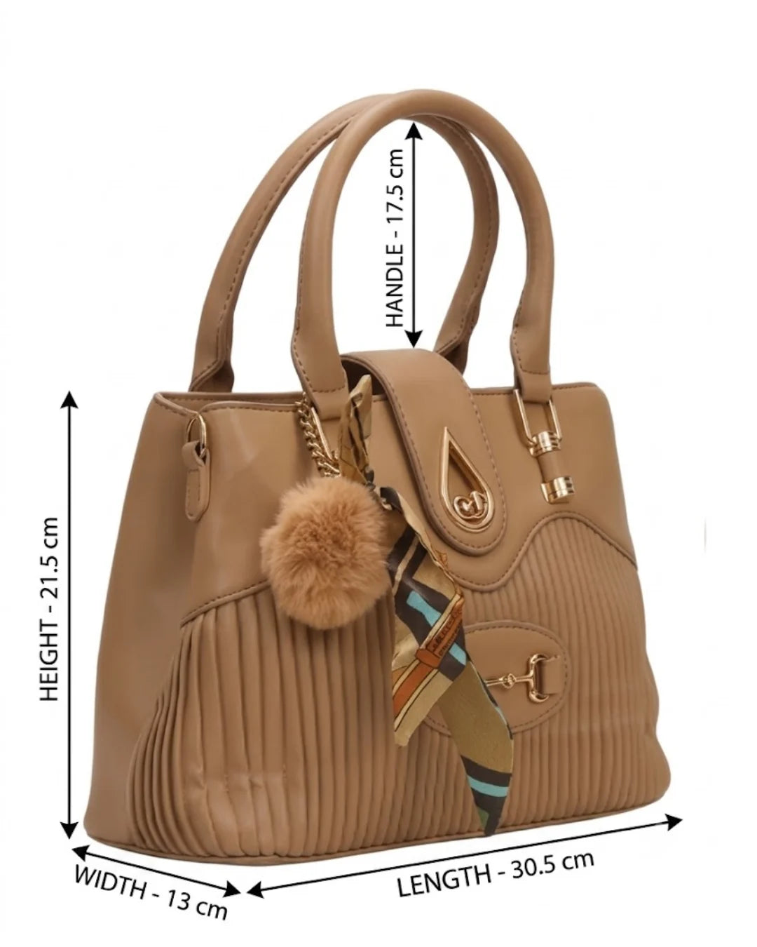 Beige handbag with measurements on a white background