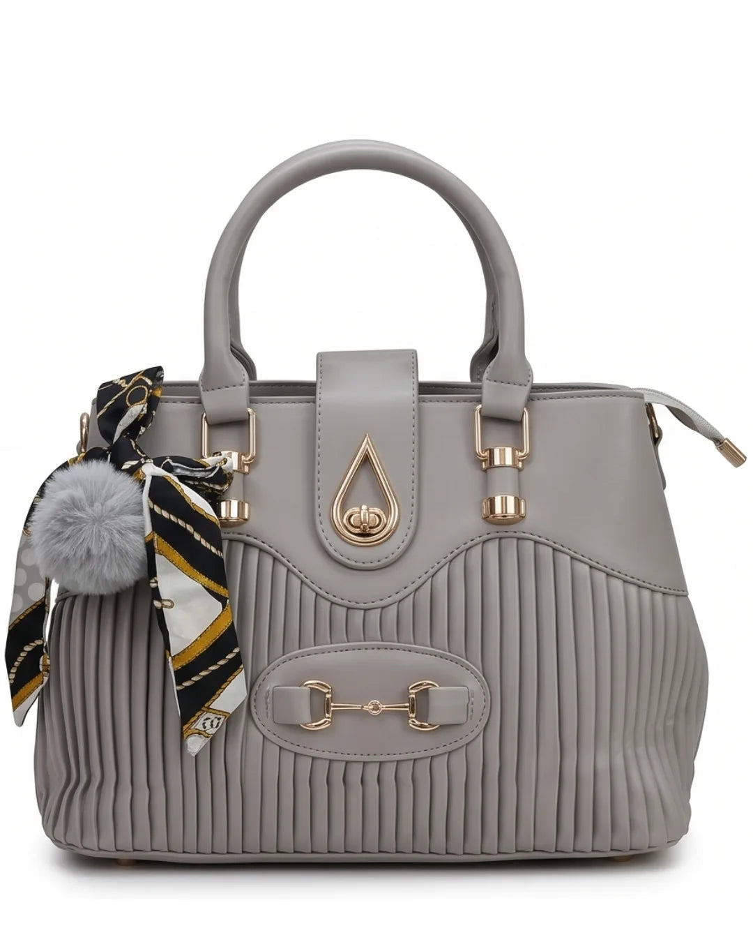 Gray handbag with decorative elements on a white background