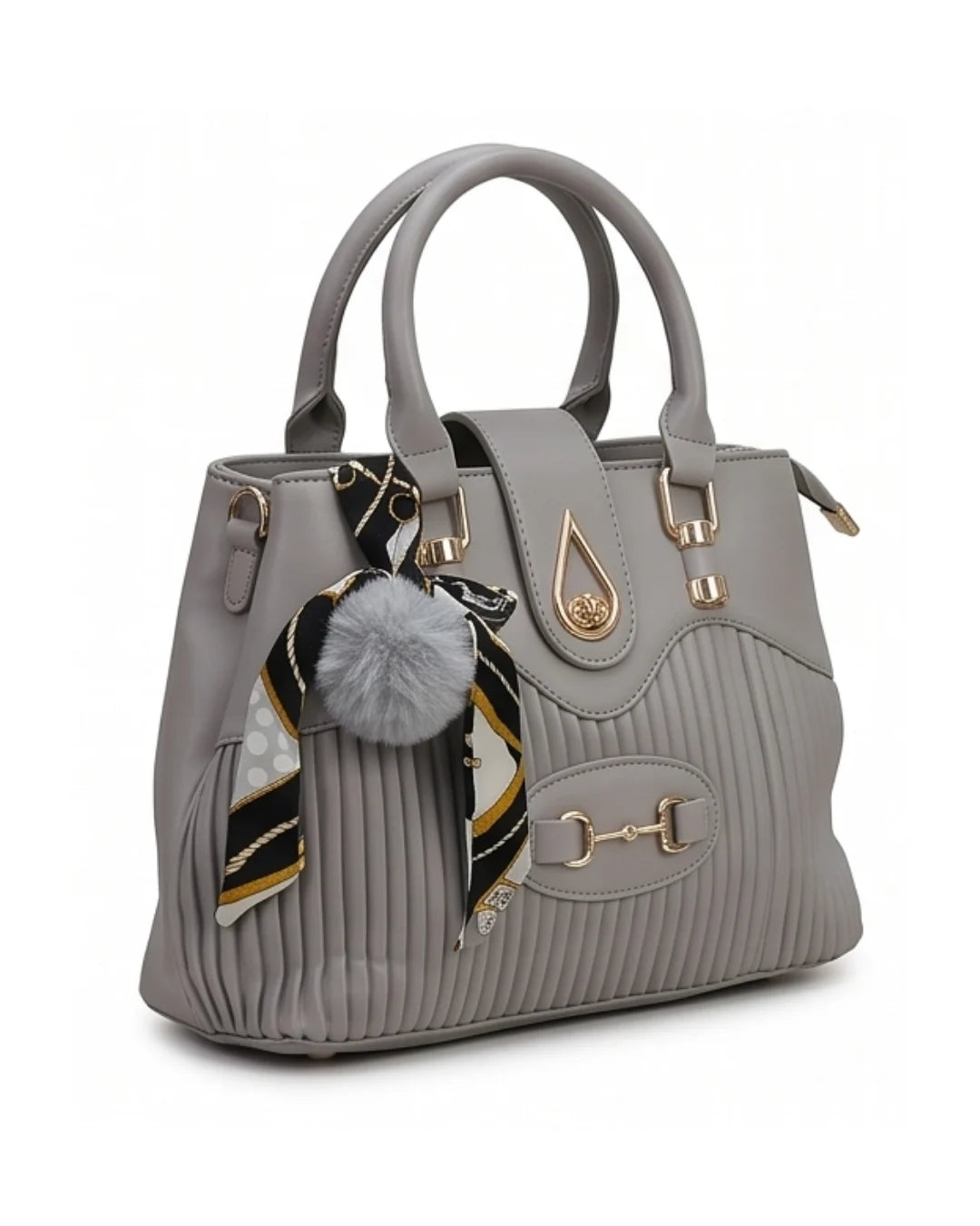 Gray handbag with a pom-pom and scarf detail on a white background