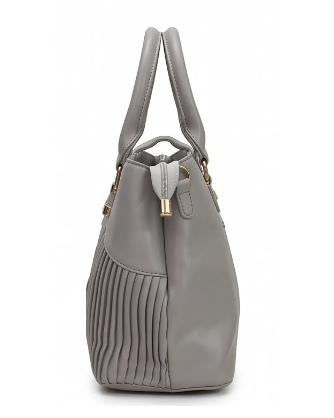 Gray handbag with pleated design on a white background
