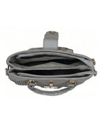 Gray handbag with gold accents on a white background