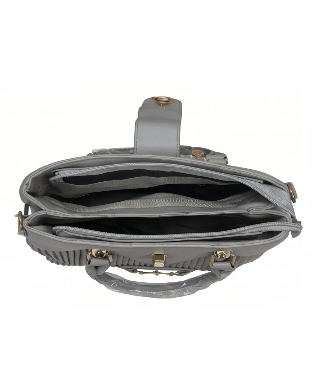 Gray handbag with gold accents on a white background