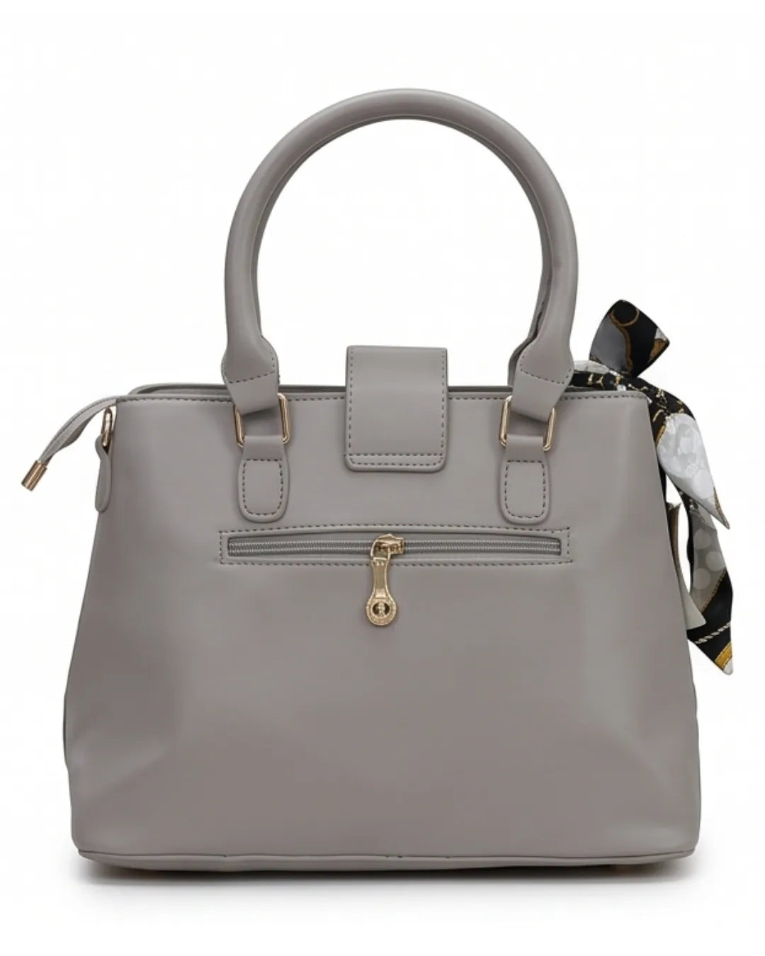 Gray handbag with a matching scarf on a white background