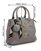 Gray handbag with measurements on a white background