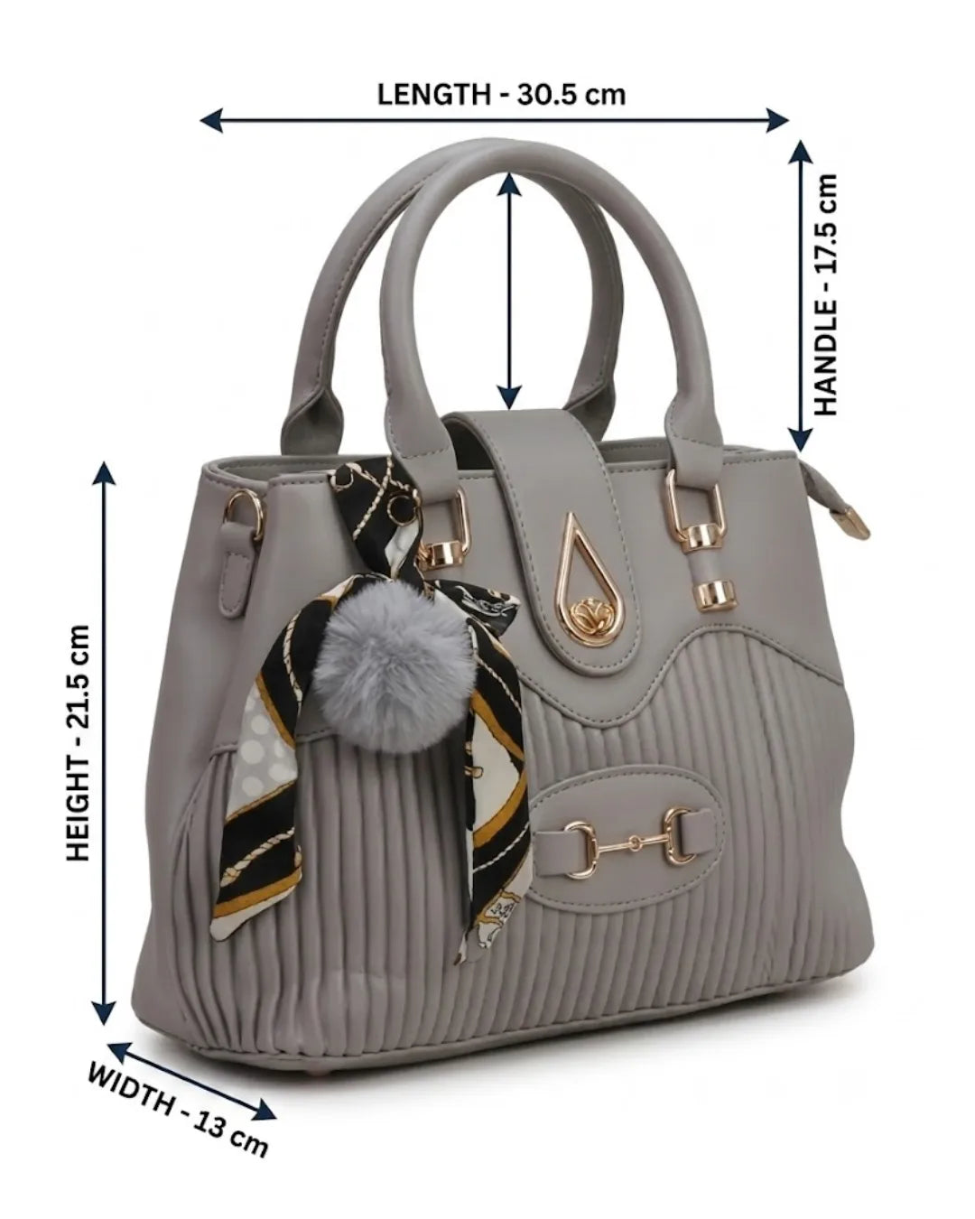 Gray handbag with measurements on a white background