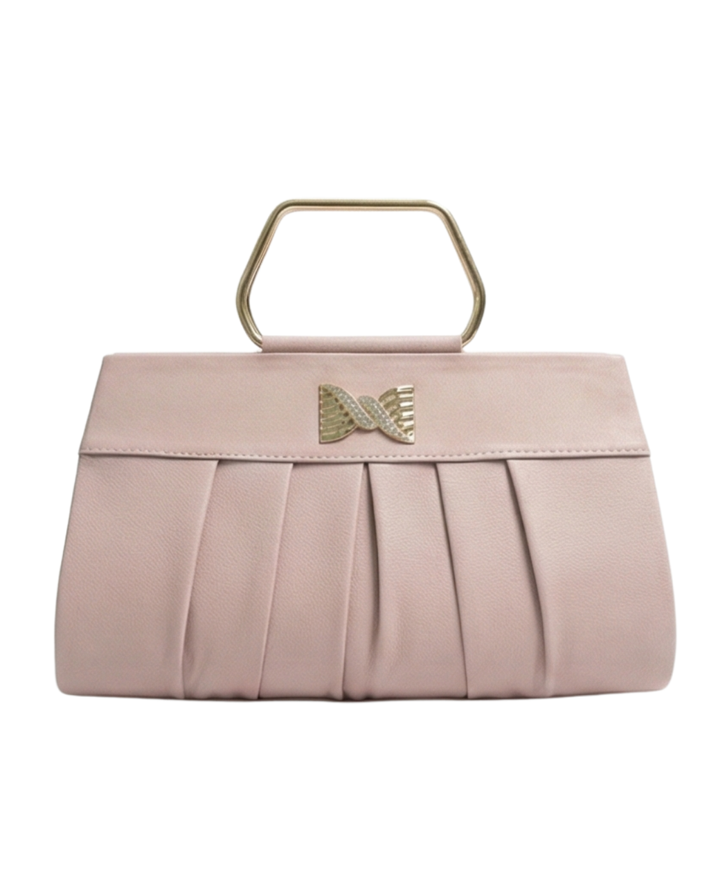 Pink handbag with a gold bow detail on a white background