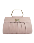 Pink handbag with a gold bow detail on a white background