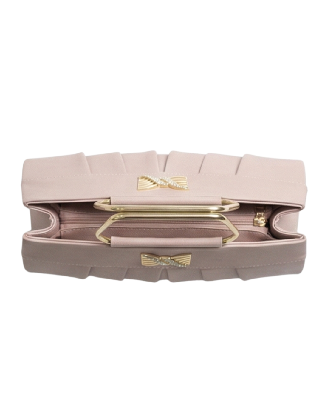 Pink clutch bag with gold accents on a white background