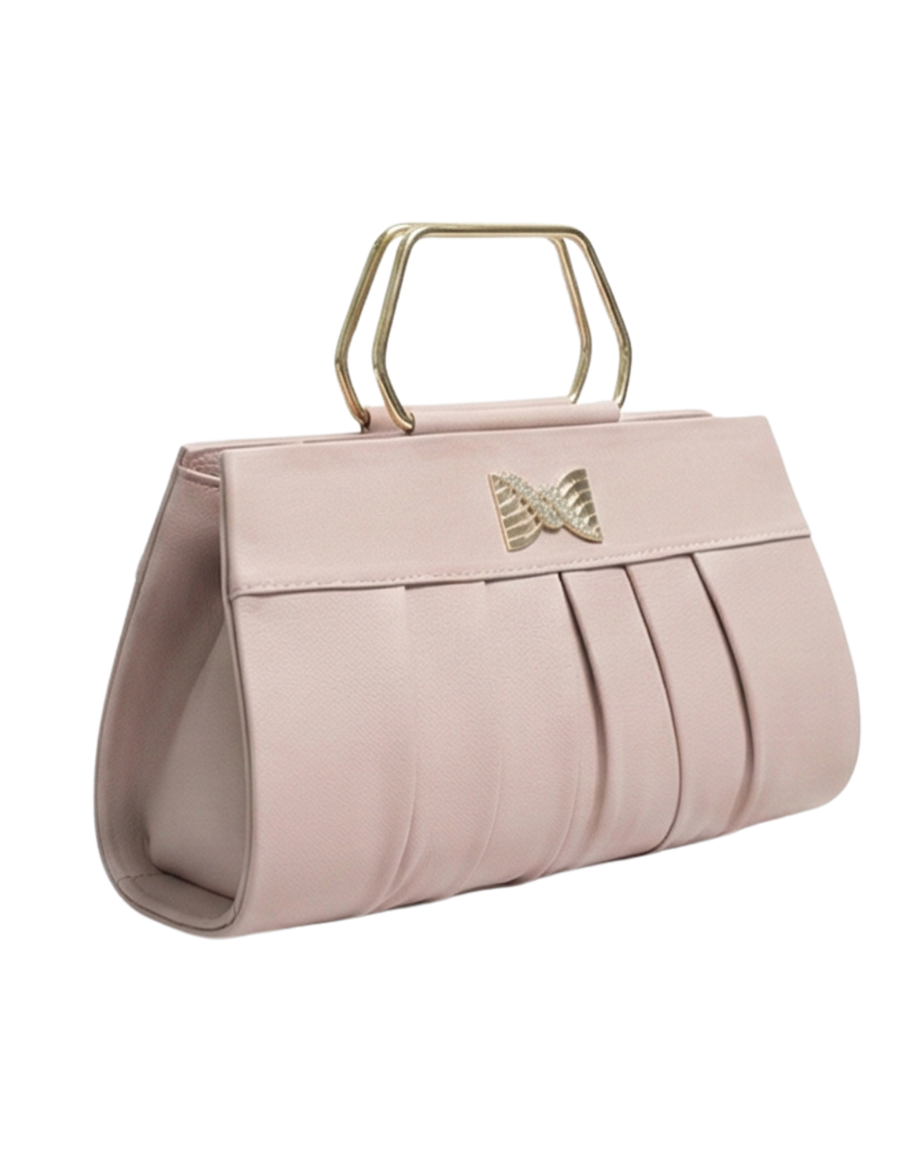 Pink handbag with gold handle and decorative element on a white background