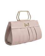 Pink handbag with gold handle and decorative element on a white background