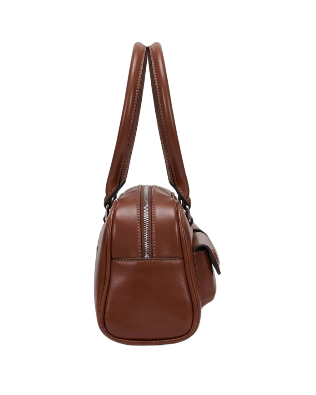 Brown leather handbag with a visible zipper on a white background
