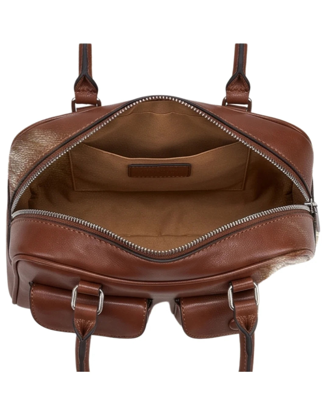 Brown leather bag with zippers on a white background